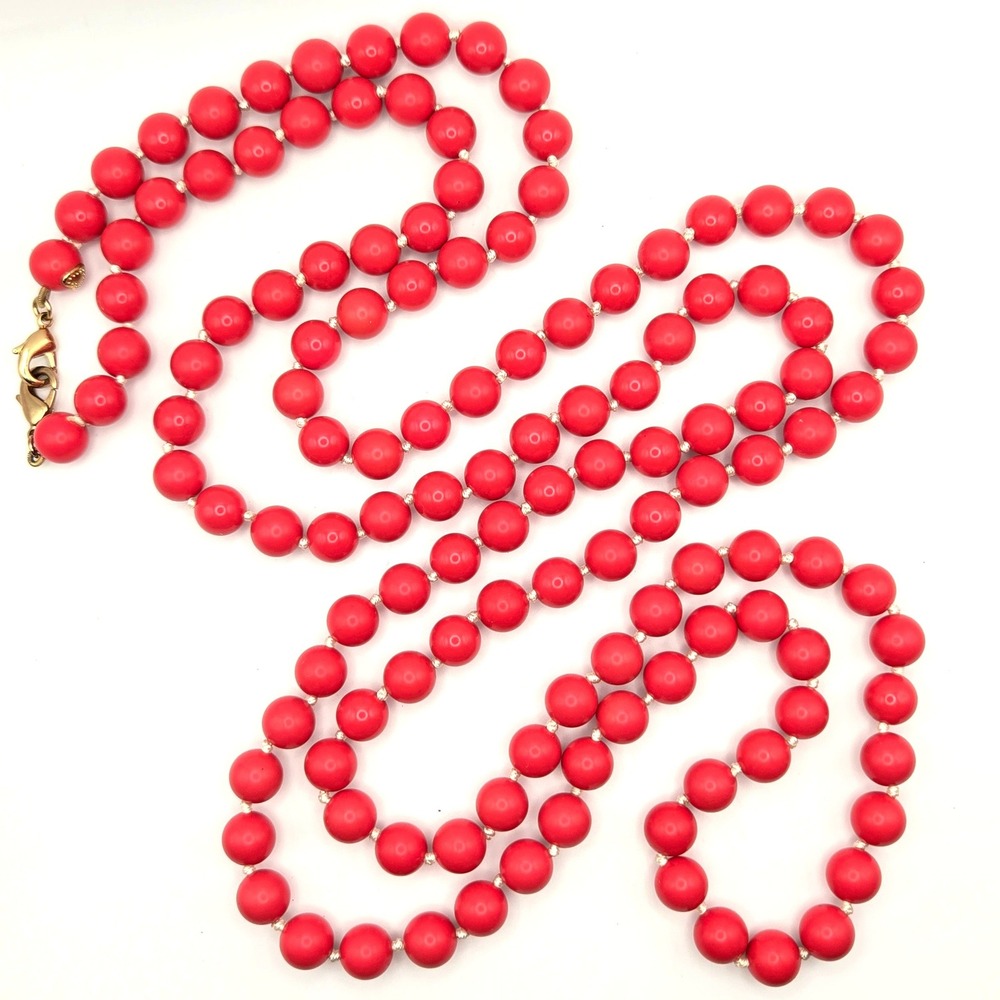 Stella & Dot 60 Inch Red Hand Knotted 10mm Round Bead Necklace Gold Tone Clasp